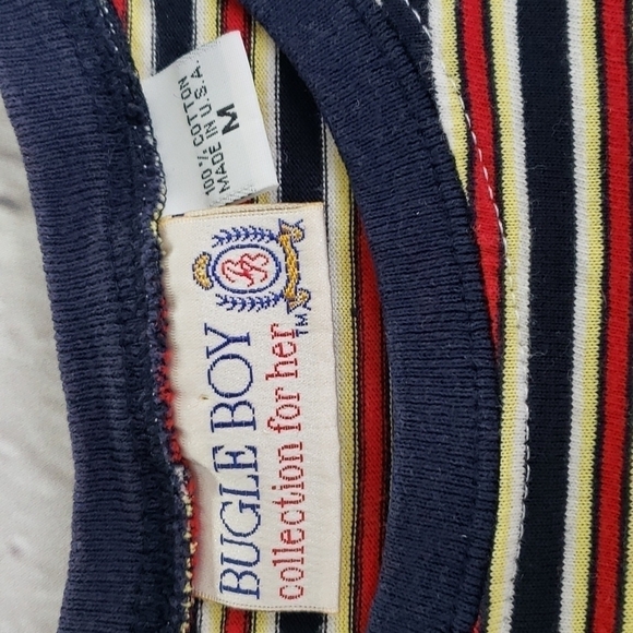 Vintage  Bugle Boy for Her Sleeveless Top M Striped Cotton Navy Red Yellow VGUC - Picture 6 of 10